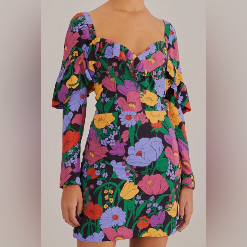 FARM Rio Black Mini Dress with Purple, Yellow, Pink & Green Floral Print
